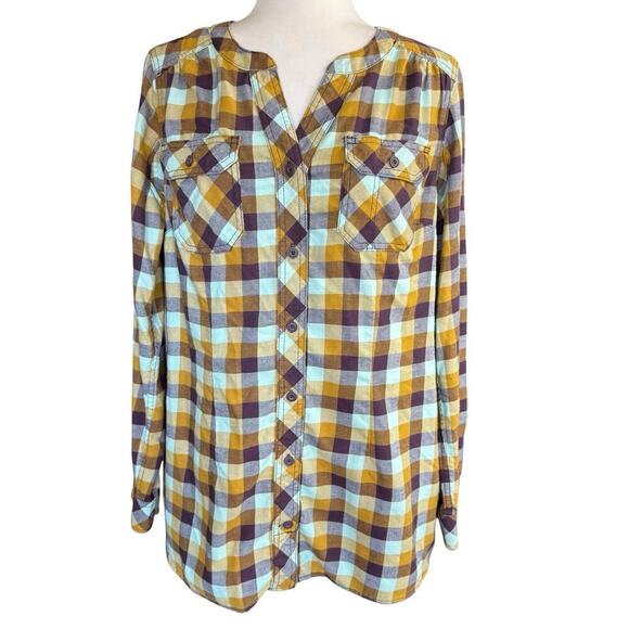 Duluth Trading C0 Crosscut Wicking Flannel Tunic Collarless Womens M Yellow - Picture 1 of 13